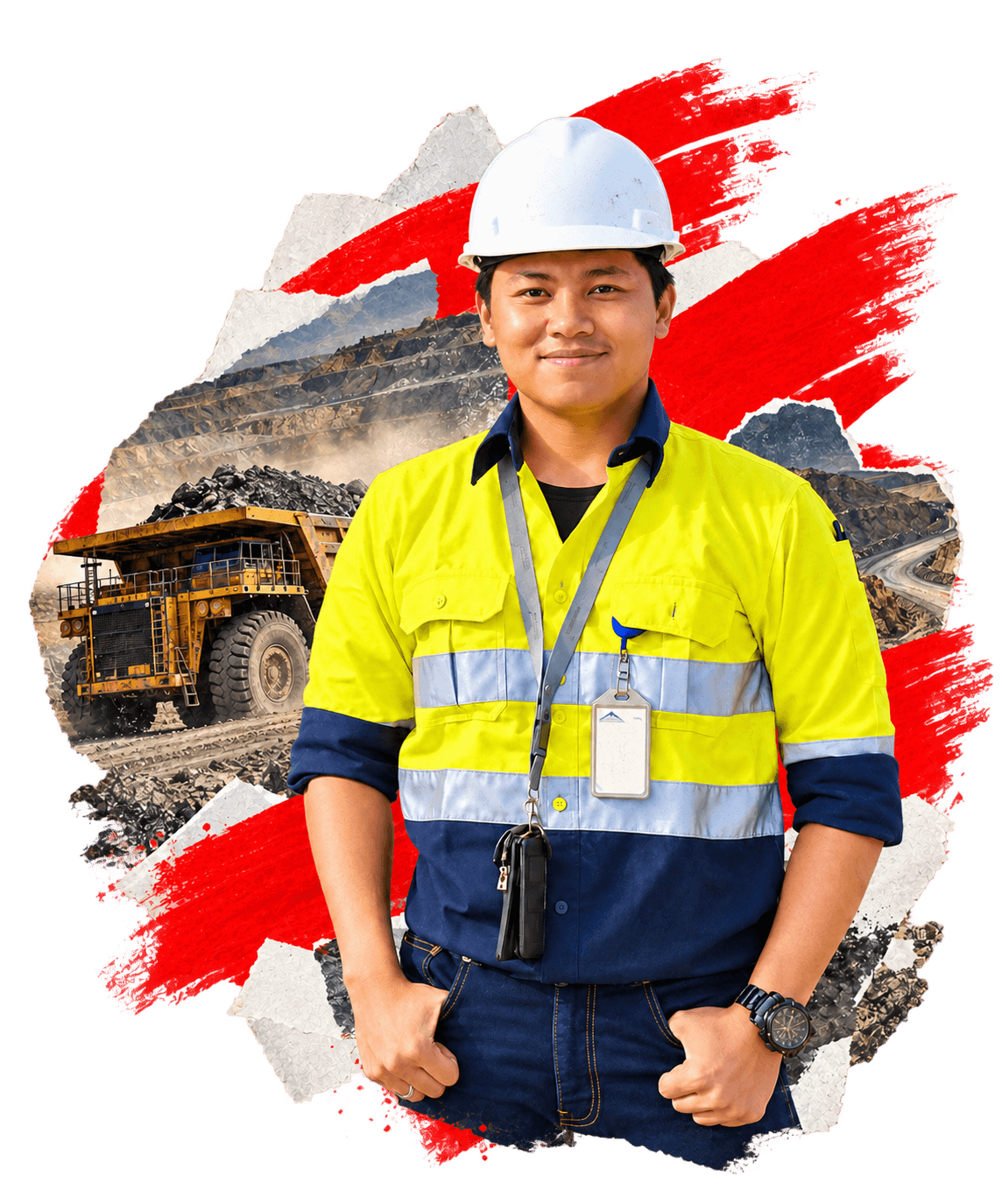 Portrait of Muhammad Andre Juliansyah in mining safety gear with collage background