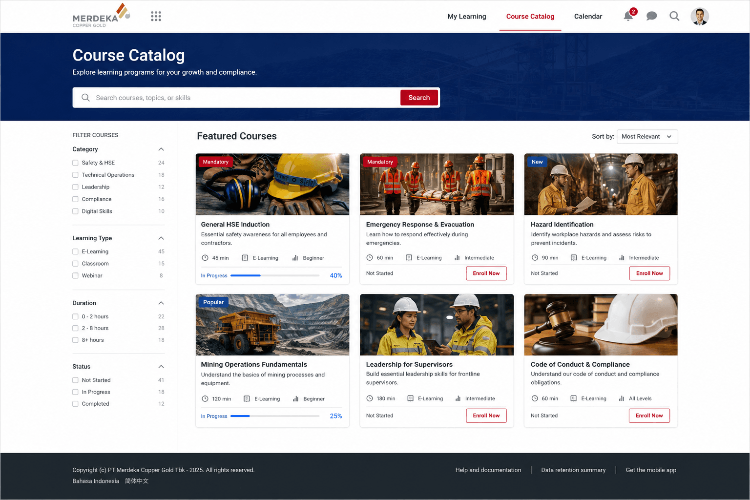 LMS course catalog with filters